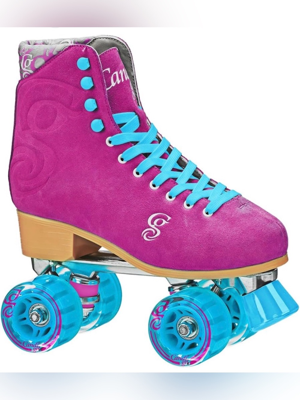 Women's Candy Pink Suede Roller Skate with Aqua Accents